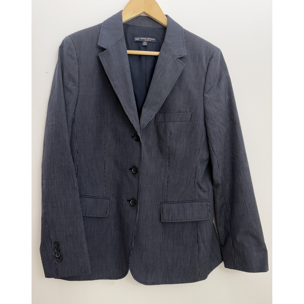Brooks Brothers 346 Pinstripe Blazer Women 14 Navy Blue Cotton Wool Milano Fit